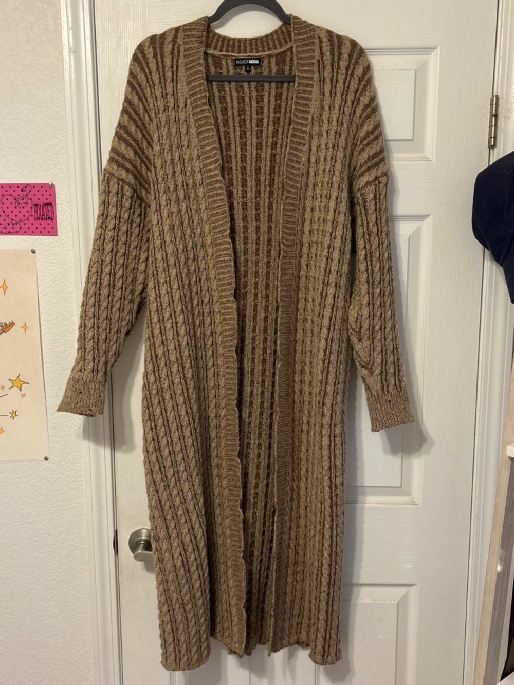 Fashion Nova Long Brown Cable Knit Open Cardigan
